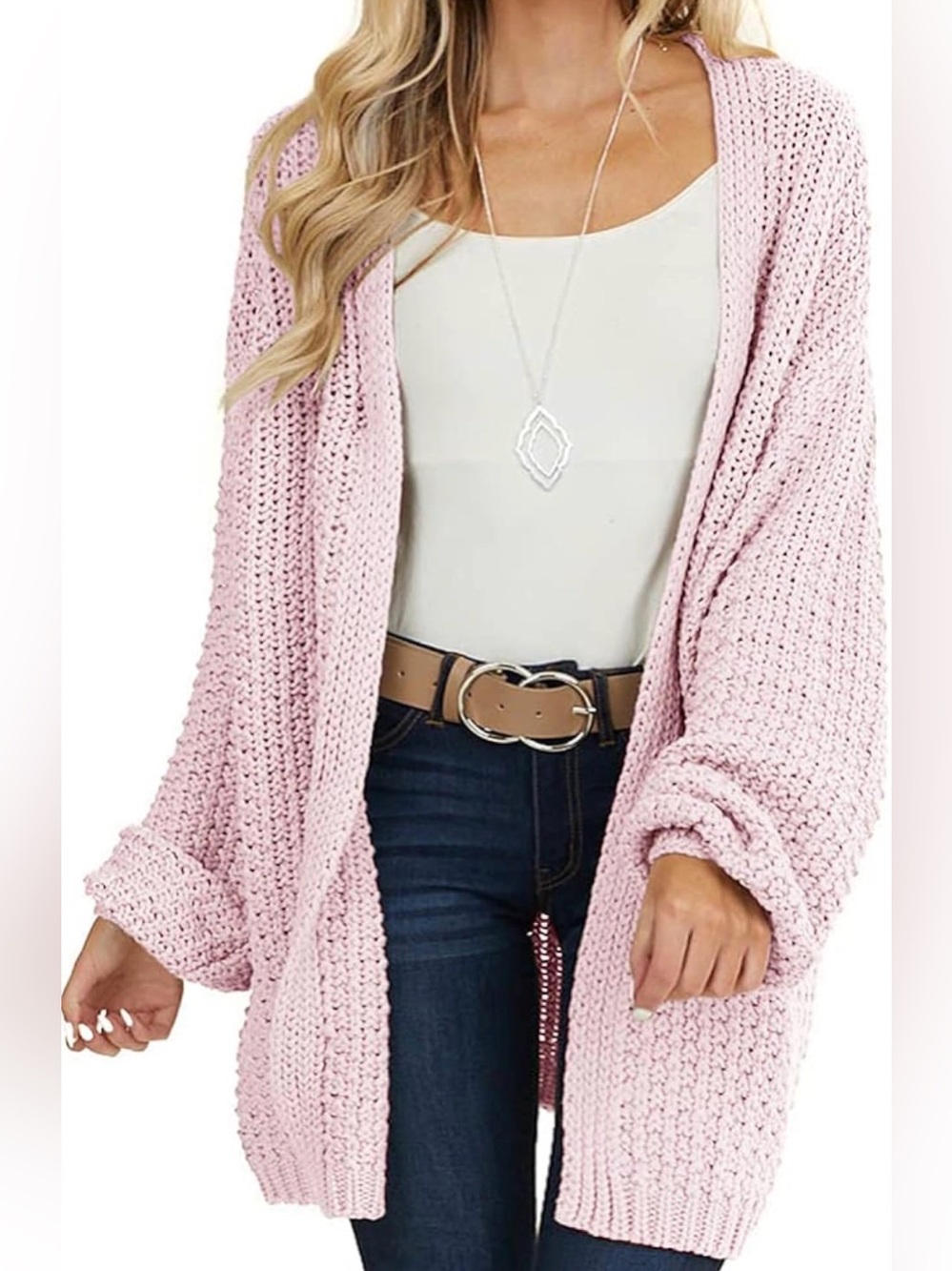Cozy Open-Front Chunky Knit Cardigan - Light Pink NWT